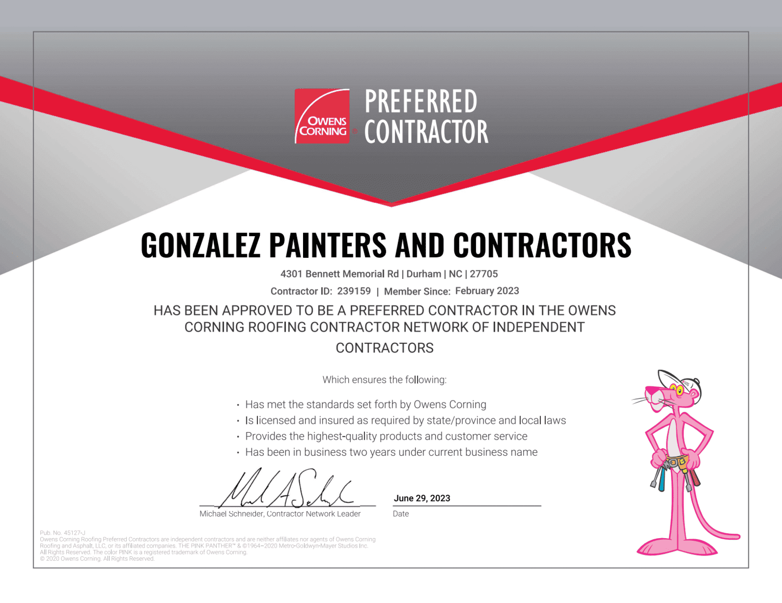 Gonzalez Painters & Contractors Earns "Preferred Roofing Contractor" Certificate from Owens Corning Network