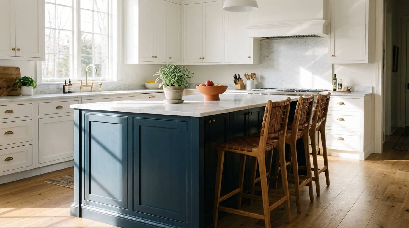 Modern kitchen with a navy blue island, white marble countertop, and light cabinets in a bright, sunlit room.