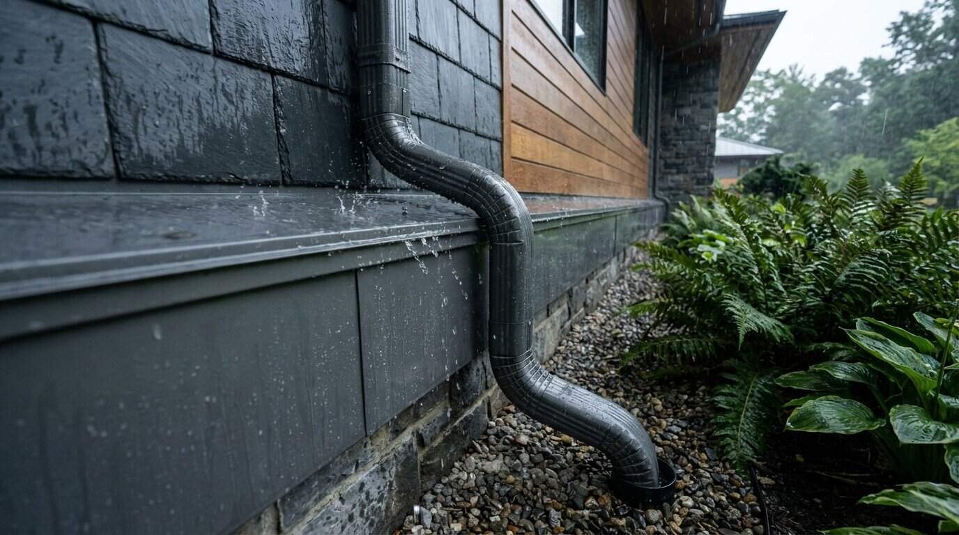 The Essential Seamless Gutter Benefits for Your Home Seamless aluminum gutters and downspout on a modern home directing rainwater away from the stone foundation.