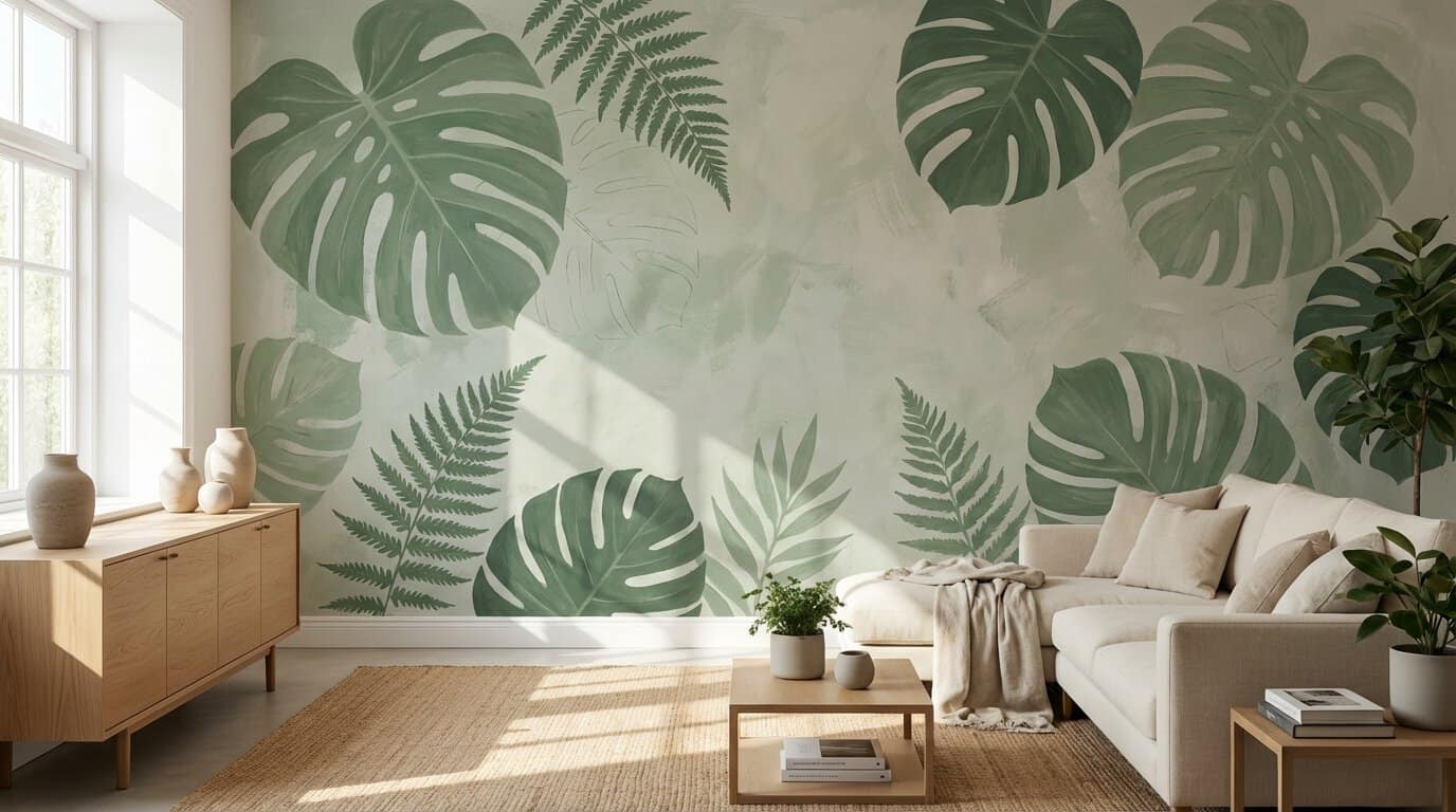 Modern living room with a hand-painted accent wall of lush green Monstera leaves and ferns in soft, natural sunlight.