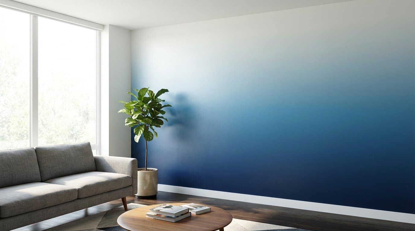 Modern living room with a seamless ombré accent wall fading from crisp white at the ceiling to deep navy blue at the floor.